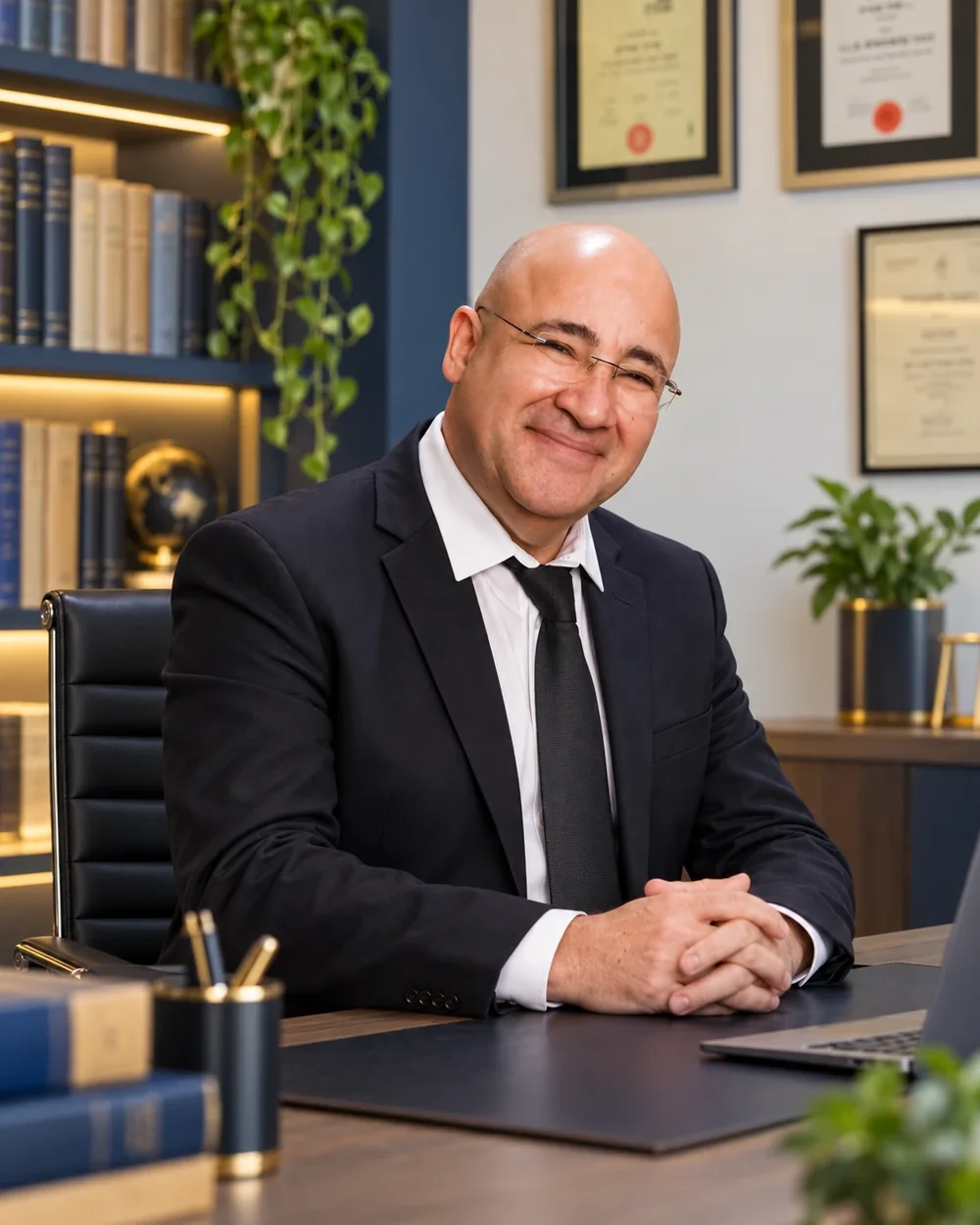 עו"ד שחר שוורץ, עורך דין הגנת הפרטיות, יושב ליד שולחן העבודה במשרד